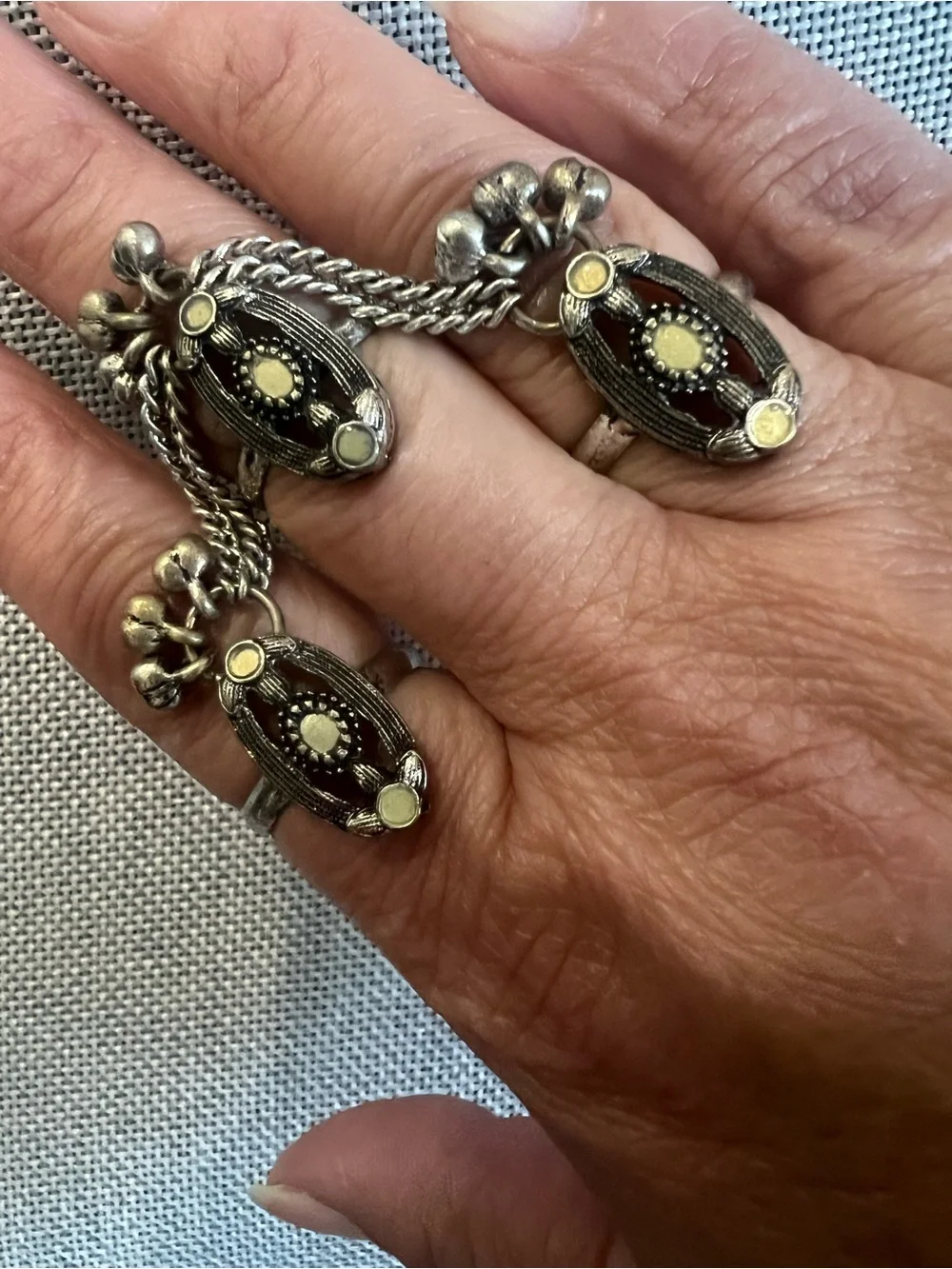 Silver-Tone Cream Accent Multi-finger Connected Ring - Women Jewelry